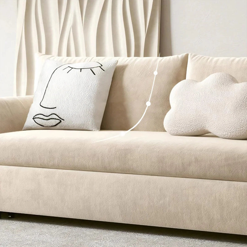 Compact neutral beige sofa bed, sofa cum bed design, couch sleeper, wooden frame