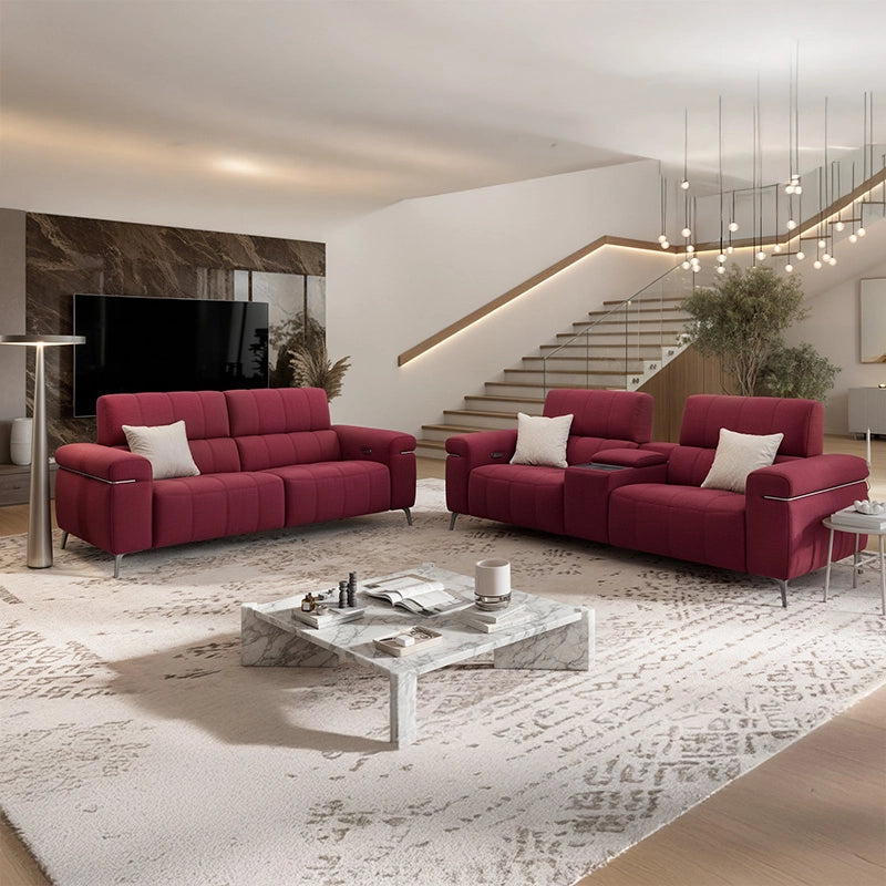 Side view of plush padded arms, home entertainment couch, home theater sofa, earthy brown fabric