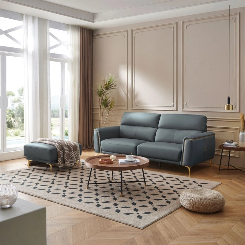 Close-up of metallic legs and stitching – latest sofa design + living room sofa set + leather settee