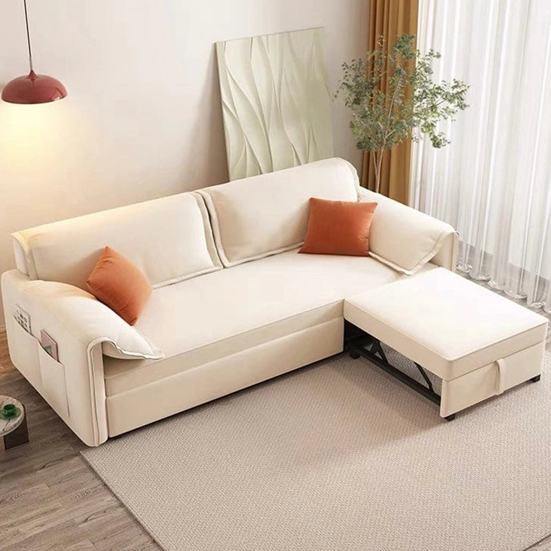 Sofa bed design with flatbed conversion, l shape sofa cum bed, cream fabric, engineered wood