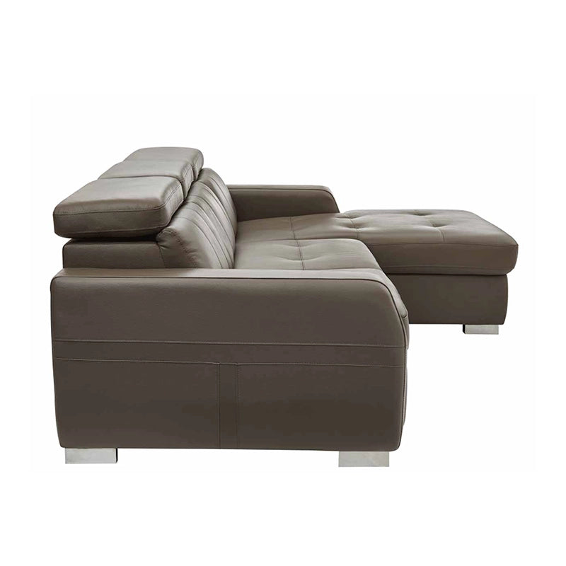 Chrome square leg finish on faux leather couch sleeper, convertible sofa bed with rich taupe tones