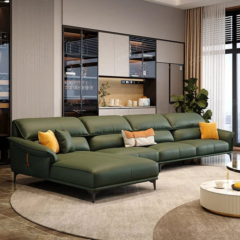 Sleek armrest leather settee with mustard cushions, latest sofa design, l shape couch – green