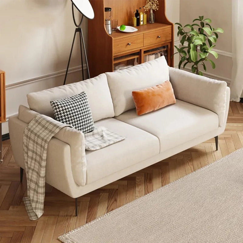 Side view with oversized cushion arms, cloth sofa + 3 seater couch + soft rounded armrest