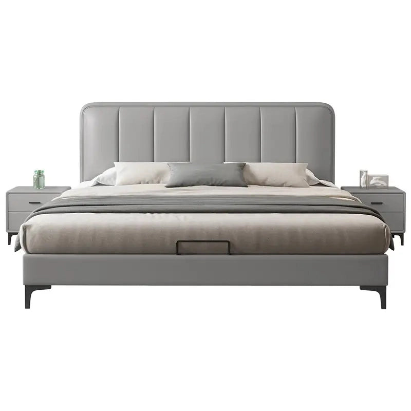 Upholstered close-up in Nova fabric, modern style bed design, bed online, stitched faux leather