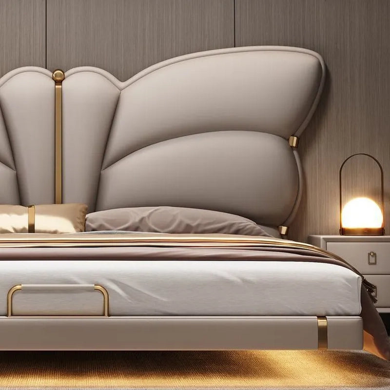 Footboard close-up with stub legs — bed frame and master bedroom bed design

