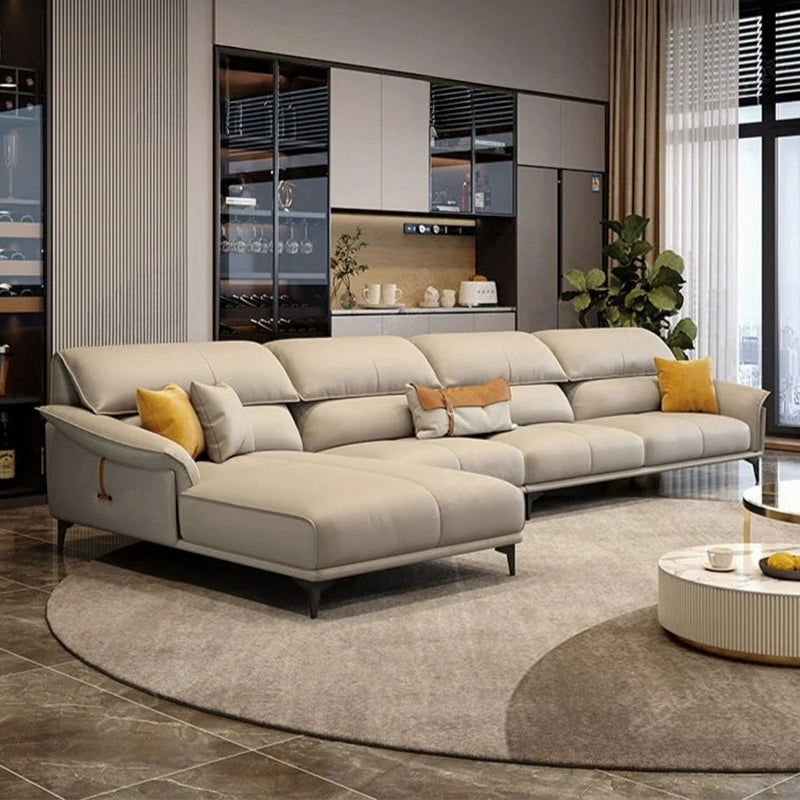  L-shaped leather couch with adjustable headrest, pure leather sofa, premium sofa – beige