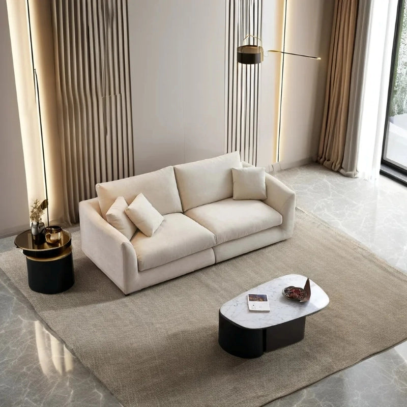 Wide armrest corner couch in neutral fabric, 2 seater sofa, contemporary sofa design