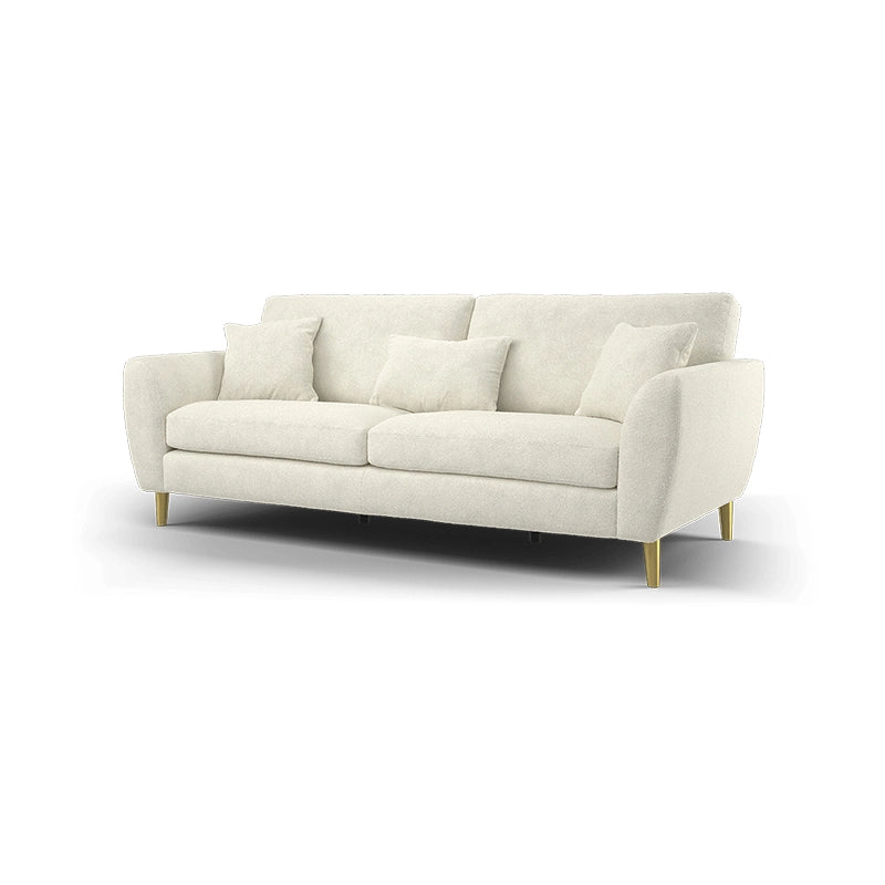 It features a 5 seater layout with a left-hand chaise, box-stitched plush cushions, and polished gold-toned legs that lift the corner sofa off the floor for a visually light form. 