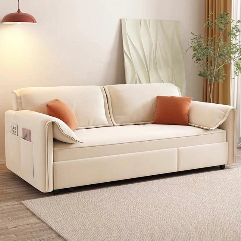 Contemporary settee bed with piping accents, sleeper sofa, beige finish, short concealed legs