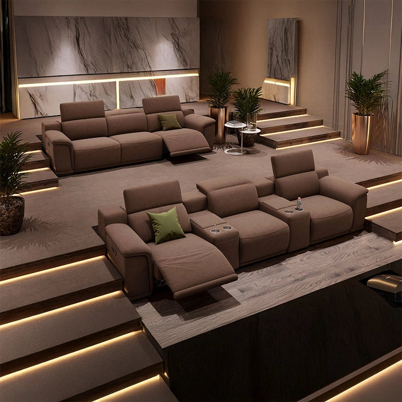 Tall-back modern movie layout with home entertainment couch and home cinema recliner, mixed tones - Brown