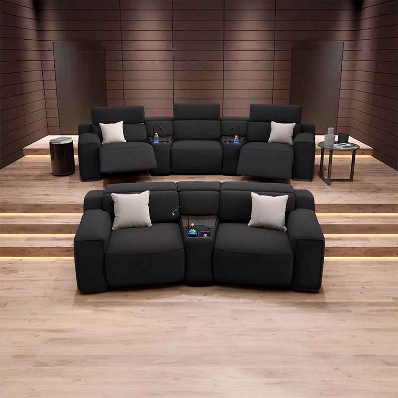 Designed in a sleek straight-row layout, it features motorised electric reclining with chaise footrest, LED-lit cup holders, and a black wood tray in the centre console. 
