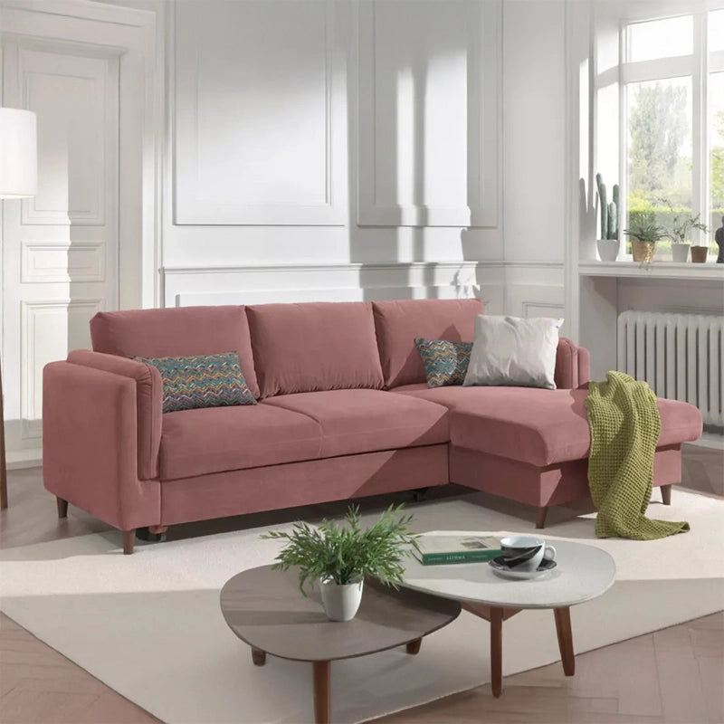 This contemporary L-shaped settee blends urban minimalism with clever utility, offering a convertible design that transforms from a stylish sofa to a comfortable bed in seconds.