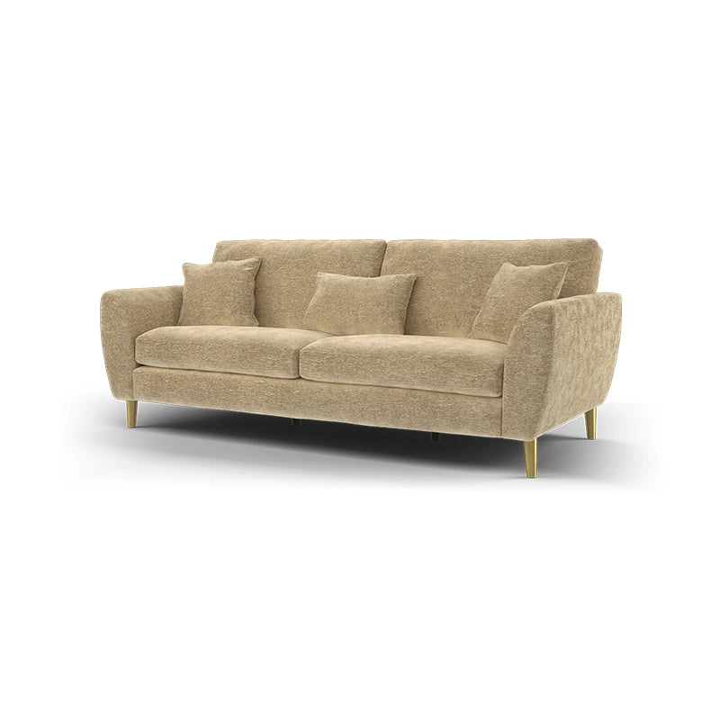 Upholstered in soft textured fabric, the design channels Scandinavian simplicity while offering deep seating ideal for living room use.