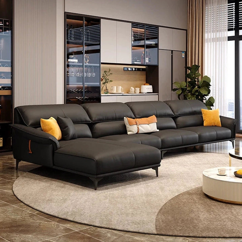 Contemporary corner sofa with matte metal legs, fabric couch, design of sofa – black