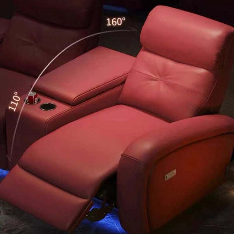 Electric control panels on red home cinema recliner sofa and home theater recliner sofa, leather finish