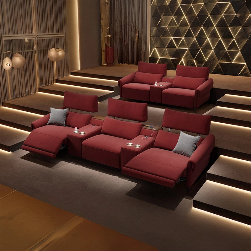 This modern reclining movie theater seat set is tailored for contemporary home entertainment rooms, offering ergonomic depth and modular configurations.
