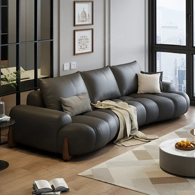 Rounded arm grey leather couch featuring latest sofa design and stylish sofa design