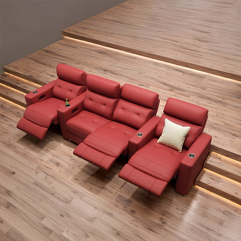 4-seater straight row theater sofa seating and home entertainment couch with red leatherette