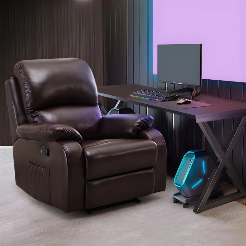 Overstuffed faux leather chair with pull-lever – recliner chair, couch recliner, dark brown