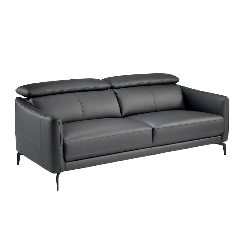 Upholstered in jet black leather, this l shaped sofa includes articulating headrests, structured fixed cushions, and sleek matte black legs.
