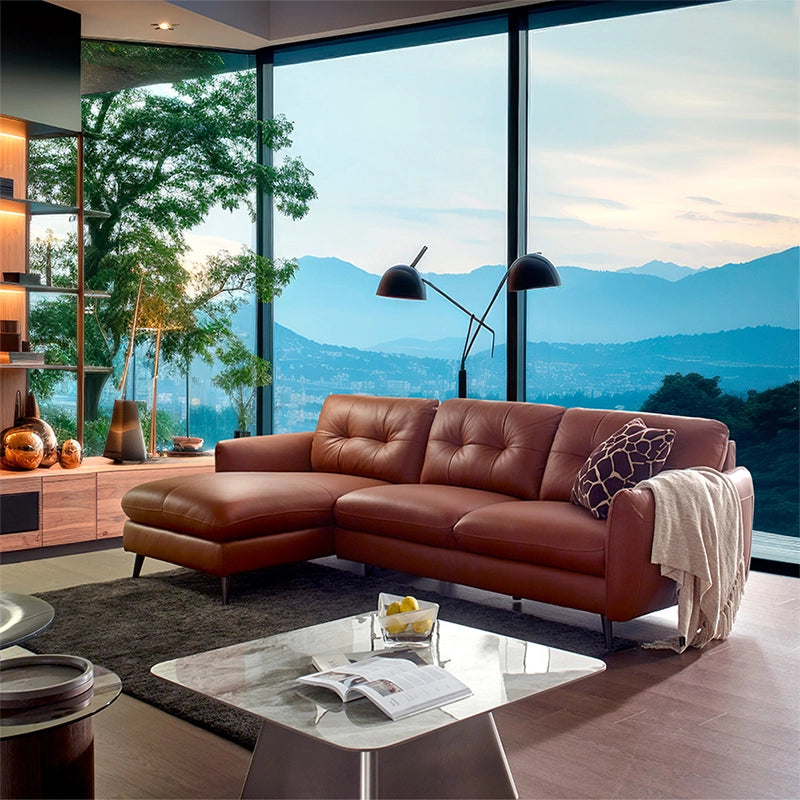 Full setup in tan matte leather with black legs, living room couch, fabric couch