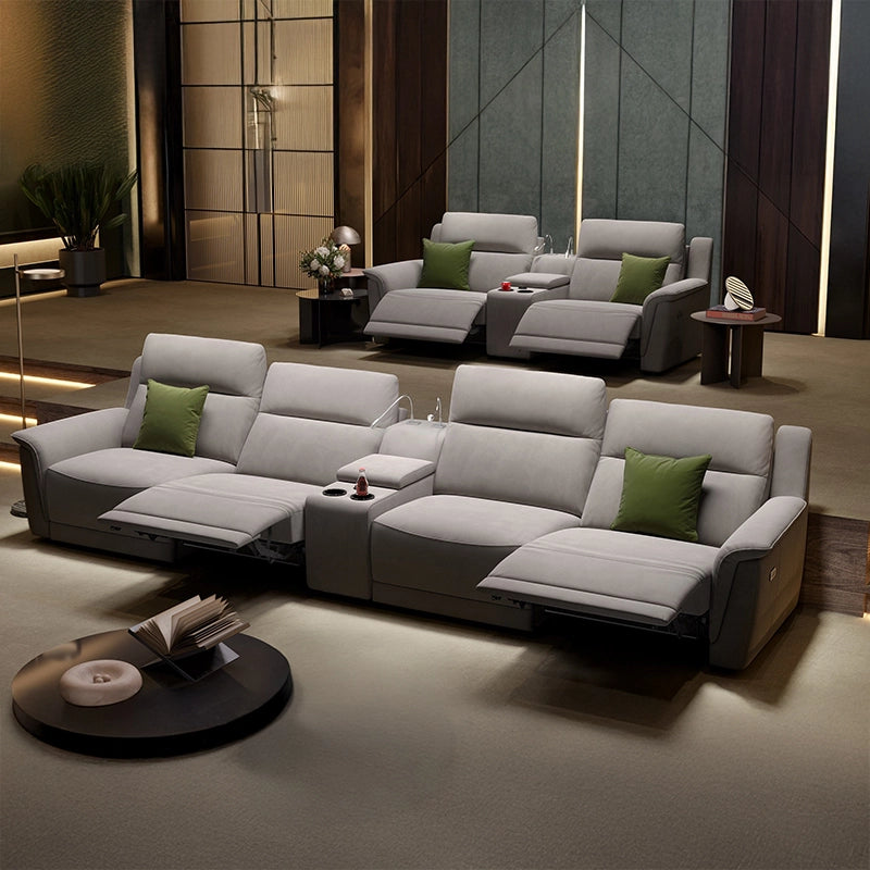 Featuring dual motor electric adjustment, each seat independently controls headrest and footrest for ergonomic lounging.