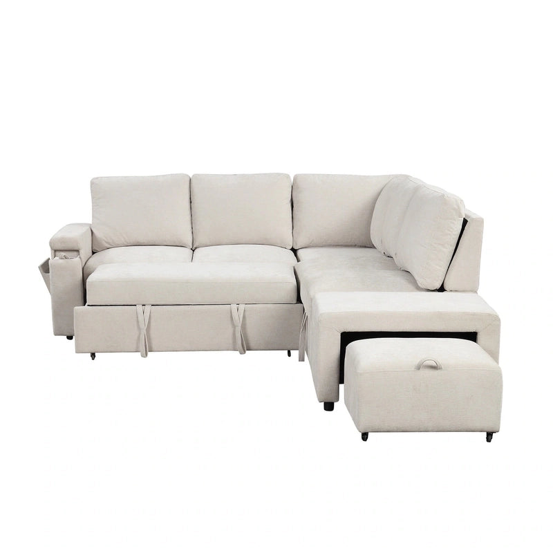 Upholstered in soft woven fabric, it blends practical design with thoughtful details like USB charging ports, side pockets, and a nesting ottoman. 