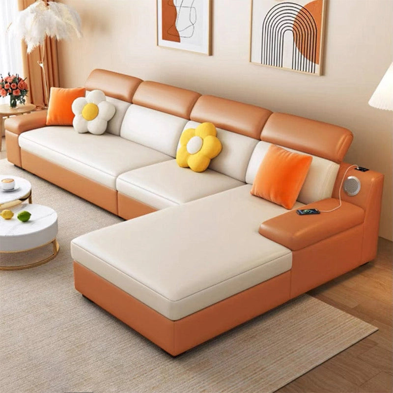 Upholstered in light beige leatherette, the Kazan sofa cum bed features a manual pull-out mechanism that converts into a full sleeping area.