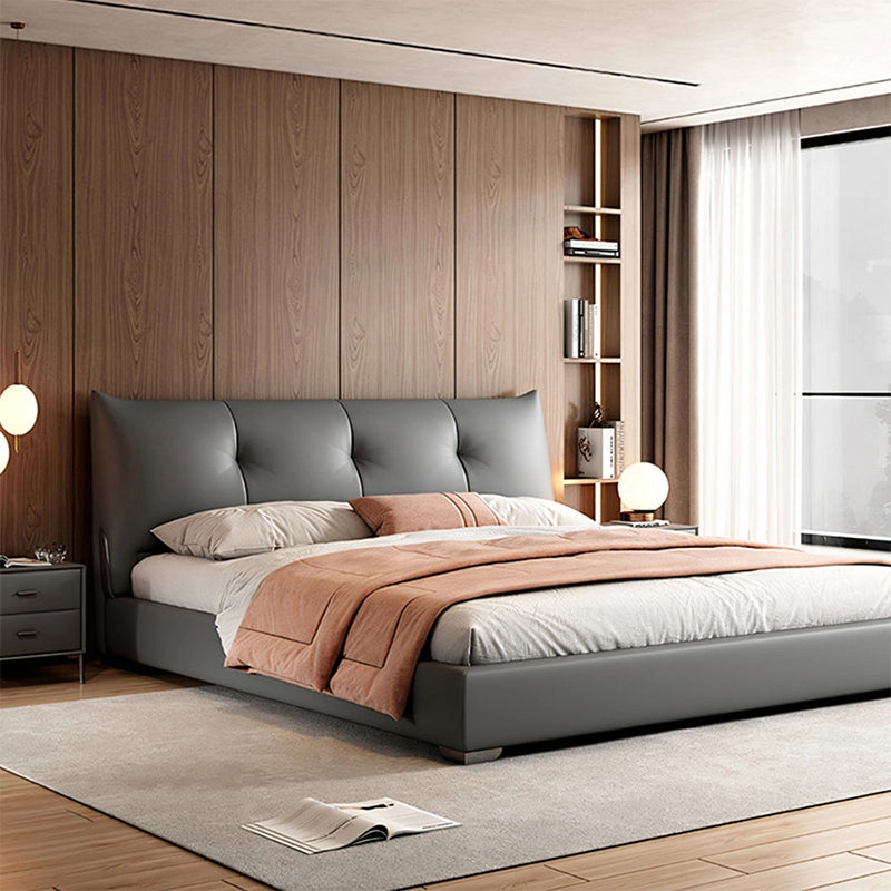 Supported by a sturdy bed frame crafted with engineered wood and metal, the structure includes a hydraulic bed lift revealing ample internal storage.