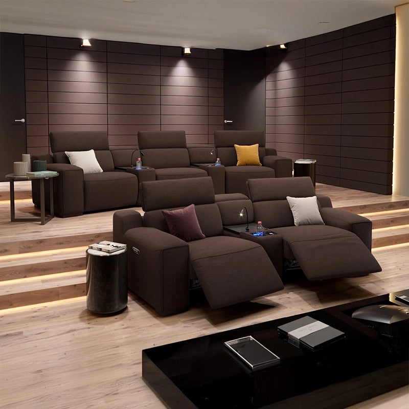 Keywords such as home theater recliner, movie theater seats for home, and home cinema recliners are embodied through features like USB charging, low-noise motors, and plush segmented padding. 