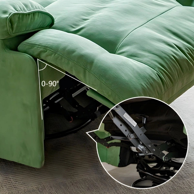 Ergonomic features include pillow-top arms, fixed lumbar support, a chaise-style footrest, and segmented tufting that enhances both posture and aesthetics