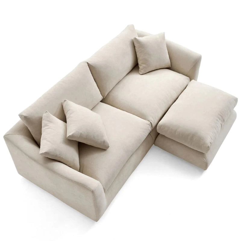 The corner sofa structure with modular options offers flexibility for both compact and spacious homes.