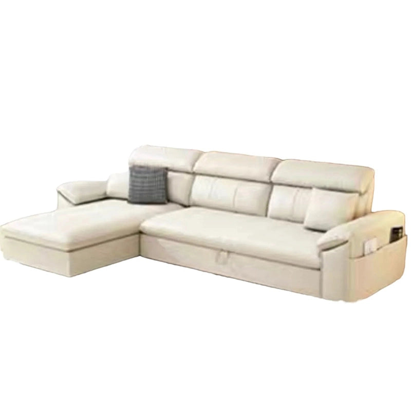 The adjustable headrests, hidden storage under the chaise, and side arm pockets enhance practicality, while medium-firm foam and pocketed springs ensure daily comfort.