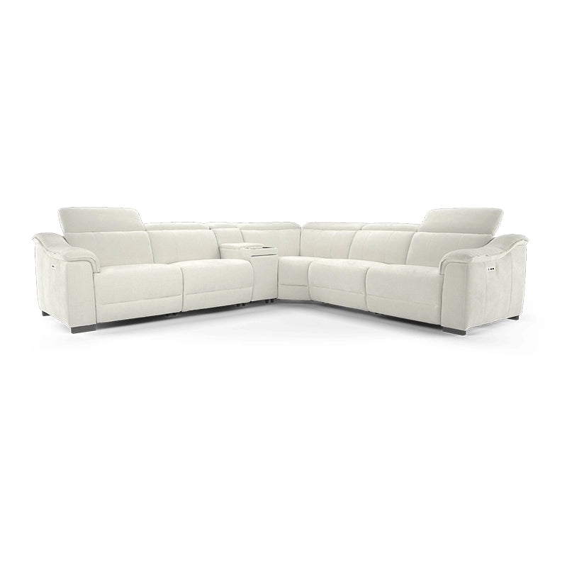 Upholstered in rich suede and leatherette in colours like ivory, the Soothe series features plush segmented backrests, padded arms, and infinite-position electric recline - 2+corner+console+2
