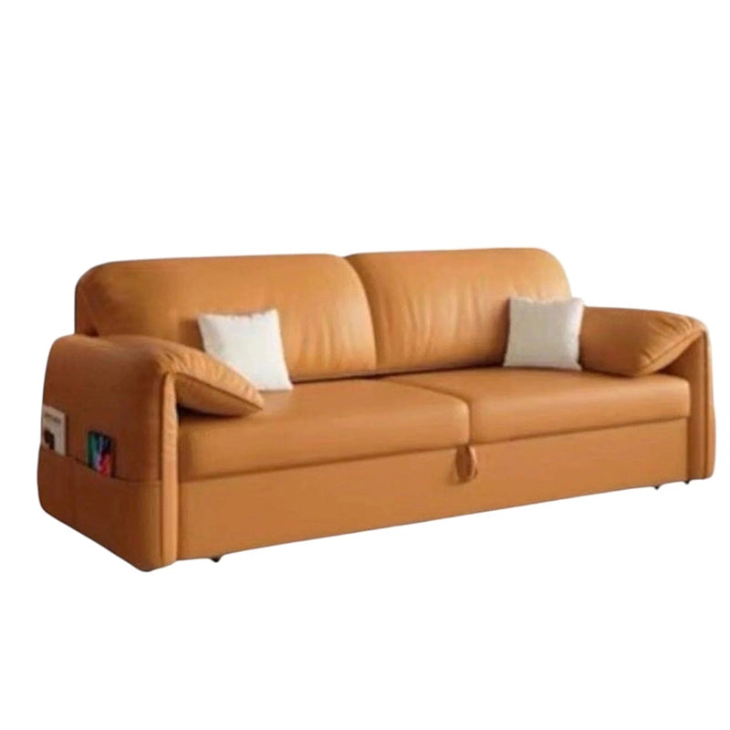 Its faux leather upholstery comes in sophisticated tones like tan while the manual pull-out mechanism creates a near queen-sized flat surface with ease.