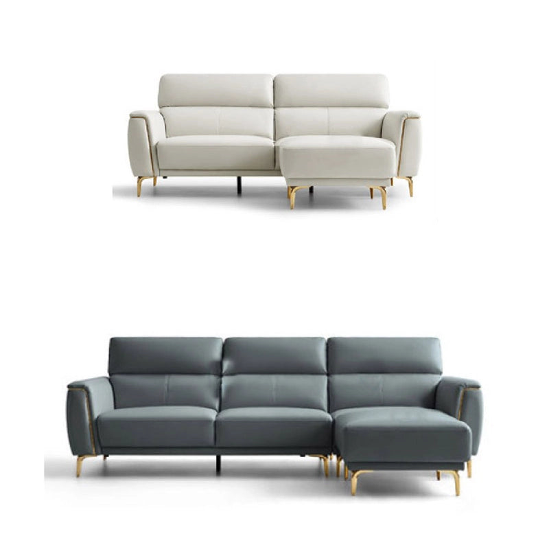 Featuring elegant gold accents, plush cushioning, and high-back support, this modern sofa design effortlessly fits luxury spaces and offers both comfort and visual appeal. 
