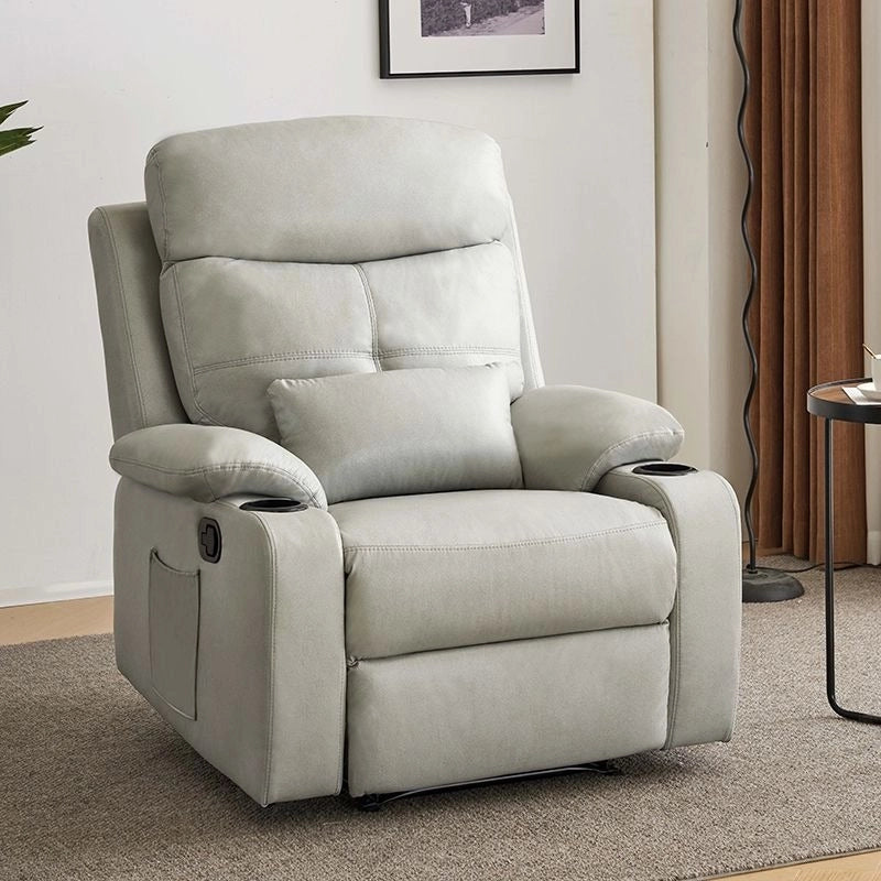 Ash recliner with side pocket, couch with a recliner and boxy shape, swivel base
